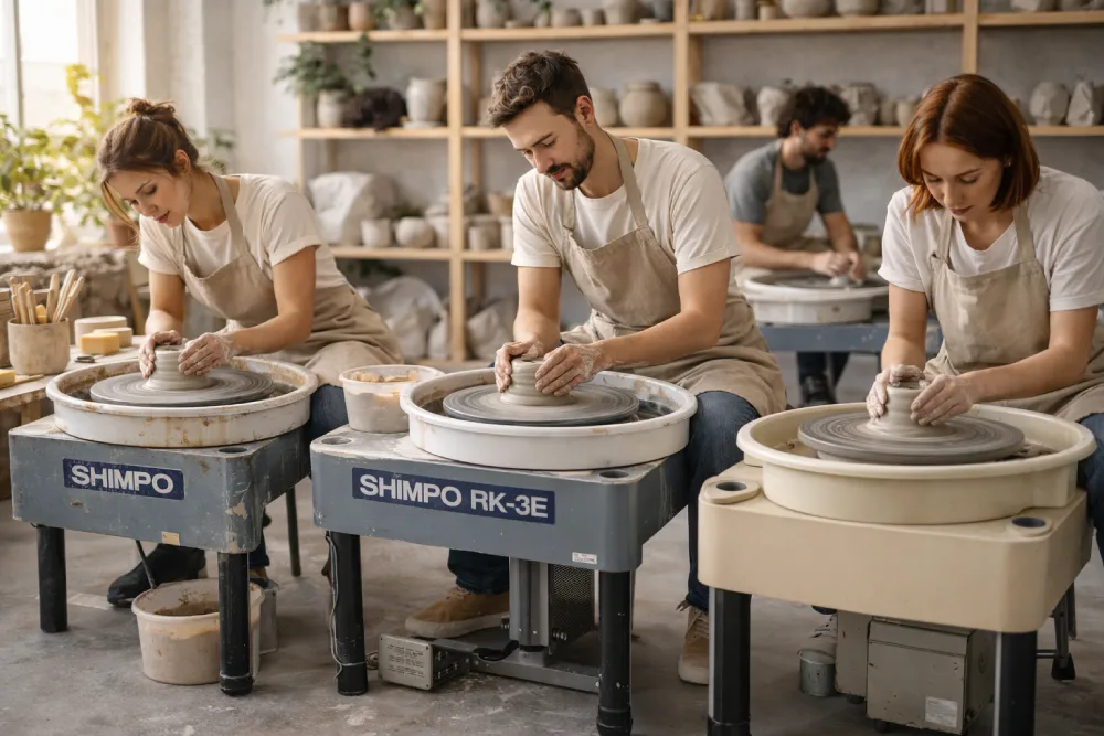 Plusieurs tours de potier côte à côte pour comparaison