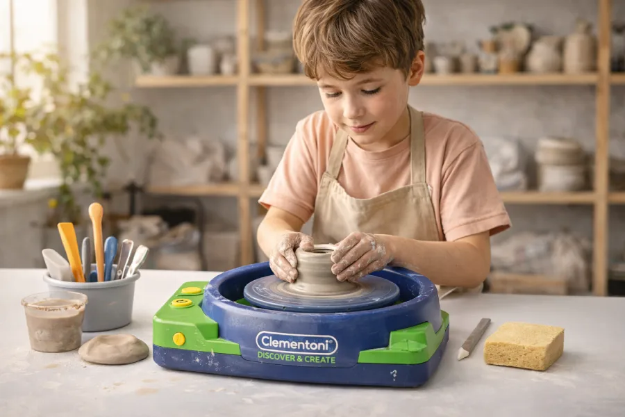 Enfant créant un pot sur un mini tour de potier Clementoni