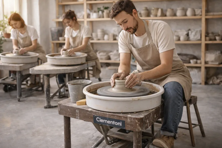 Potier utilisant un tour à pédale traditionnel en bois